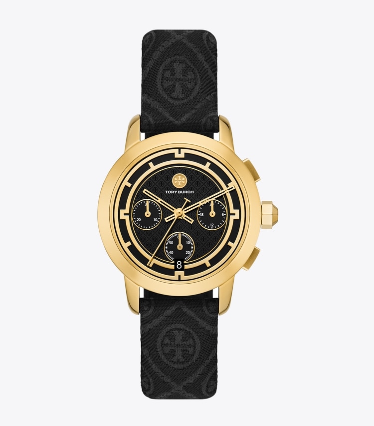 TORY BURCH TORY CHRONOGRAPH WATCH, T MONOGRAM JACQUARD/ LEATHER/ GOLD-TONE STAINLESS STEEL - Black/Gold/Black T Monogram Jacquard - Click Image to Close