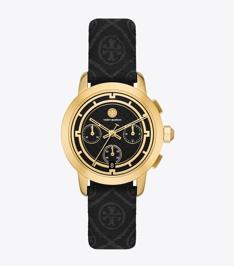 TORY BURCH TORY CHRONOGRAPH WATCH, T MONOGRAM JACQUARD/ LEATHER/ GOLD-TONE STAINLESS STEEL - Black/Gold/Black T Monogram Jacquard