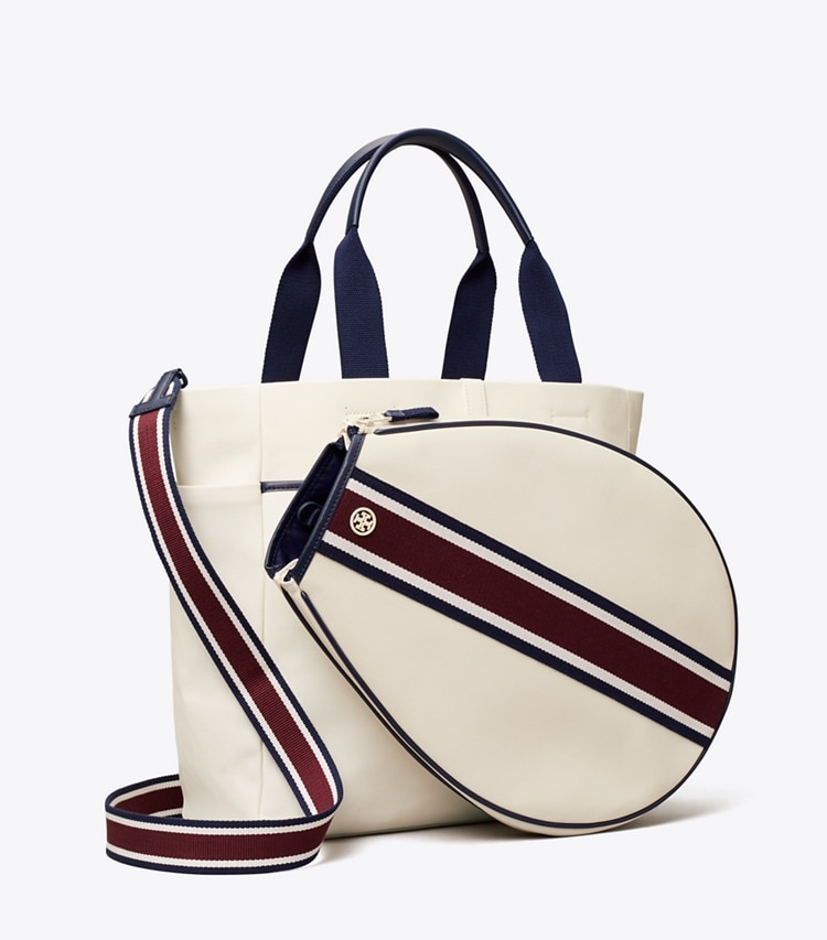 TORY BURCH CONVERTIBLE STRIPE TENNIS TOTE - Ivory Pearl / Winetasting