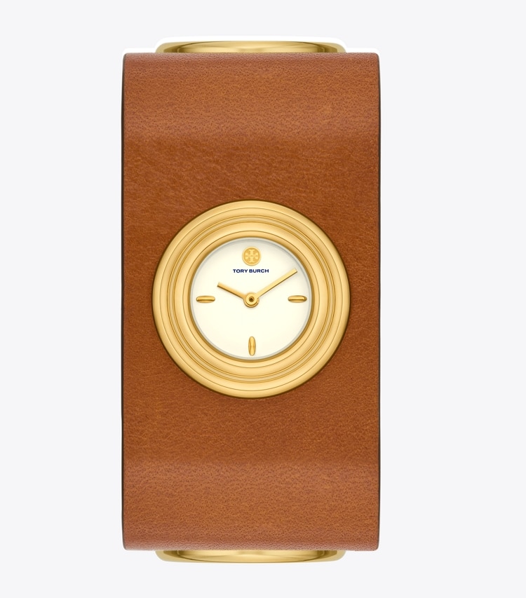 TORY BURCH LEATHER CUFF WATCH, GOLD-TONE STAINLESS STEEL - Ivory/Cuoio