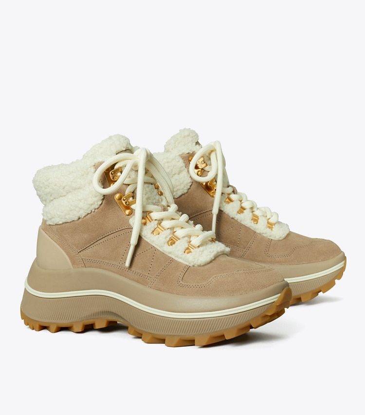 TORY BURCH SUEDE AND FAUX SHEARLING ADVENTURE HIKING BOOT - Avola - Click Image to Close