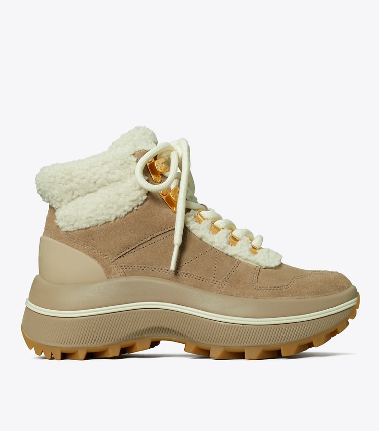 TORY BURCH SUEDE AND FAUX SHEARLING ADVENTURE HIKING BOOT - Avola - Click Image to Close