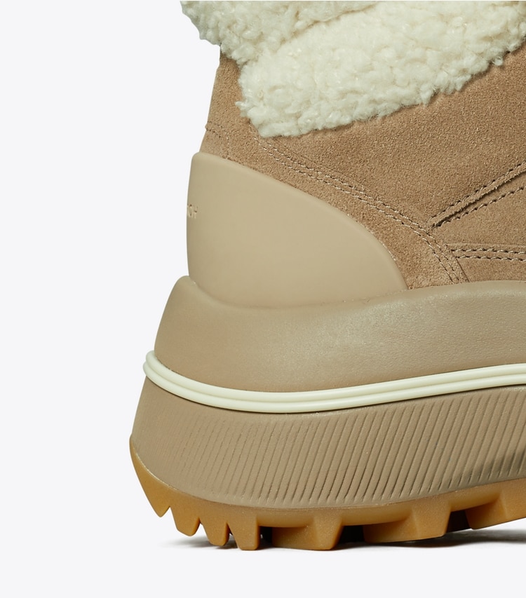 TORY BURCH SUEDE AND FAUX SHEARLING ADVENTURE HIKING BOOT - Avola - Click Image to Close