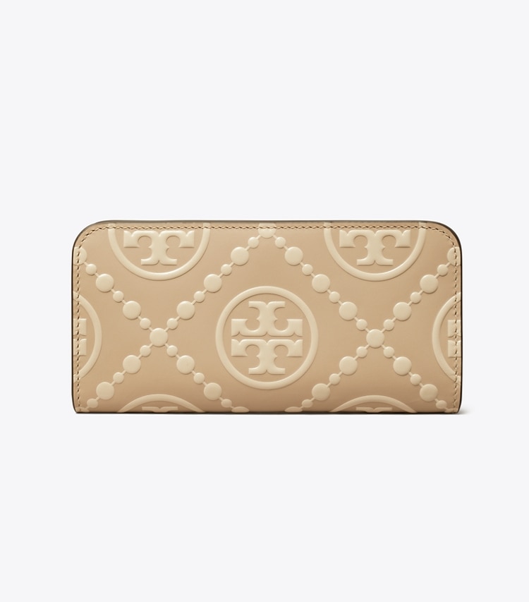 TORY BURCH T MONOGRAM CONTRAST EMBOSSED ZIP SLIM WALLET - Longan / New Cream