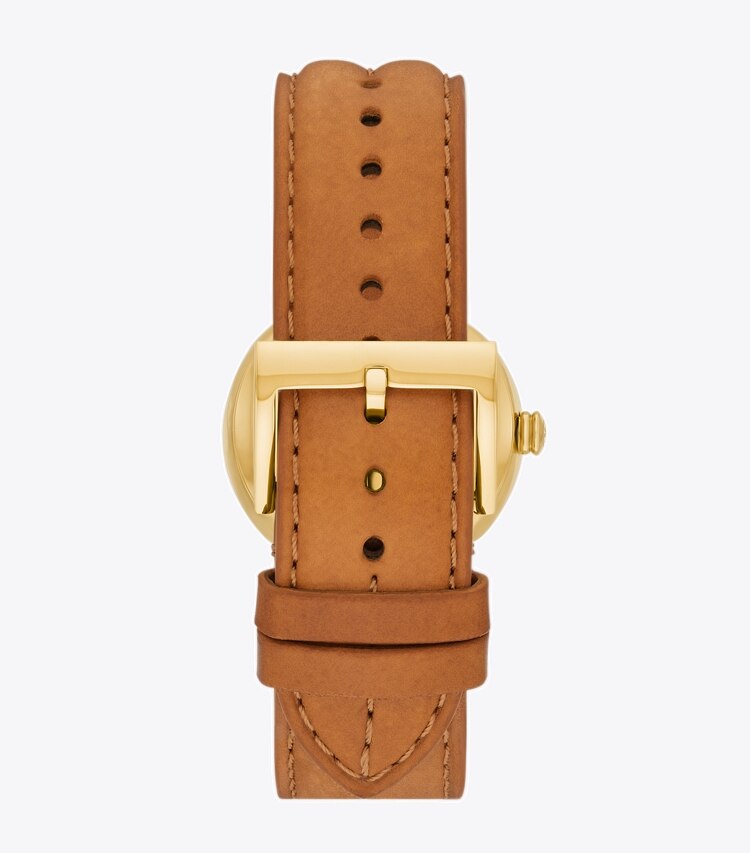 TORY BURCH KIRA WATCH, LEATHER/GOLD-TONE STAINLESS STEEL - Ivory/Gold/Luggage - Click Image to Close
