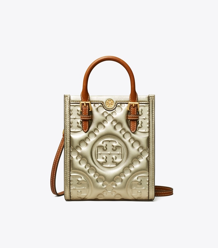 TORY BURCH T MONOGRAM EMBOSSED METALLIC MINI TOTE - Gold