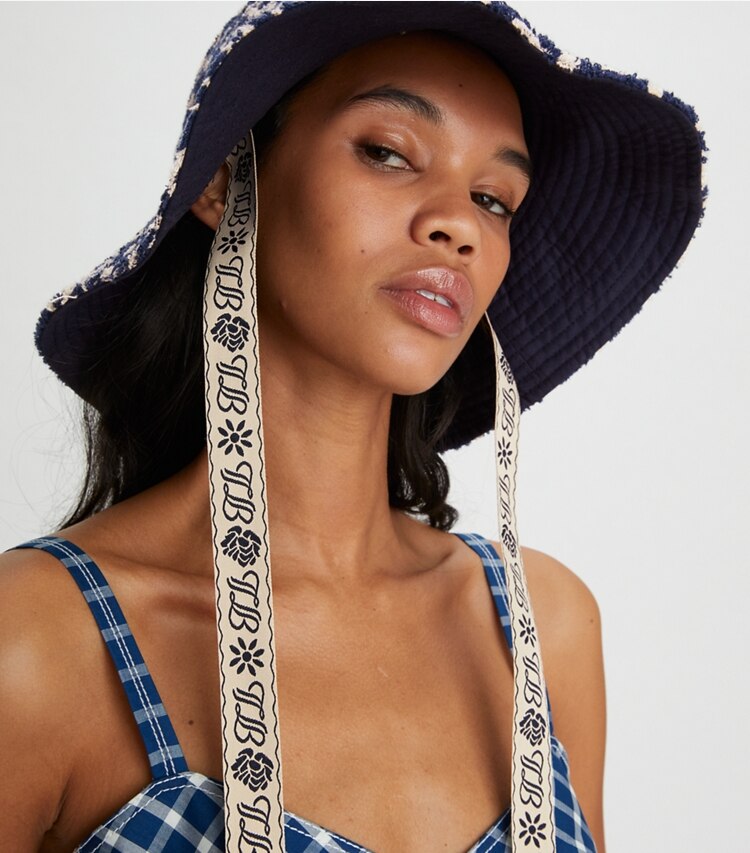 TORY BURCH T MONOGRAM REVERSIBLE BUCKET HAT - Tory Navy - Click Image to Close