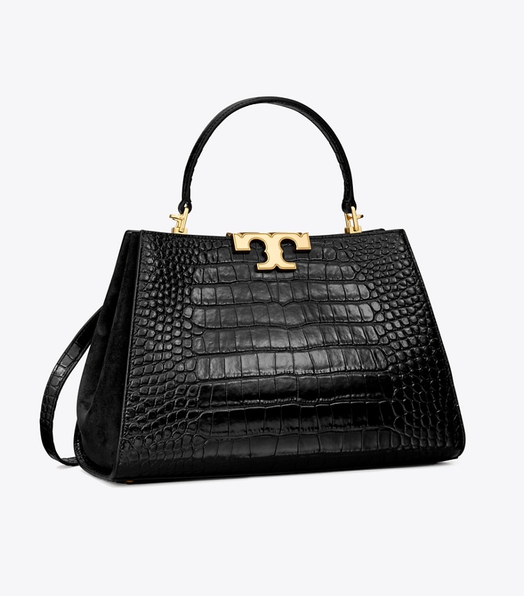 TORY BURCH ELEANOR CROC-EMBOSSED SATCHEL - Black