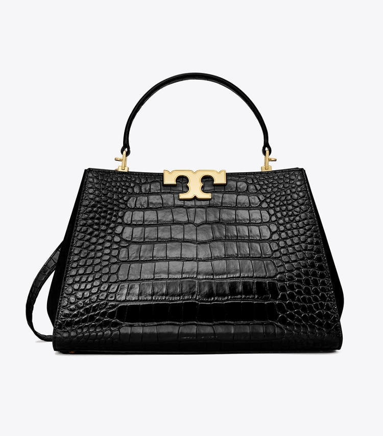 TORY BURCH ELEANOR CROC-EMBOSSED SATCHEL - Black