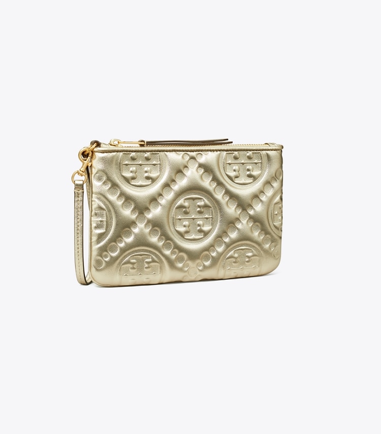 TORY BURCH T MONOGRAM EMBOSSED METALLIC POUCH - White Gold