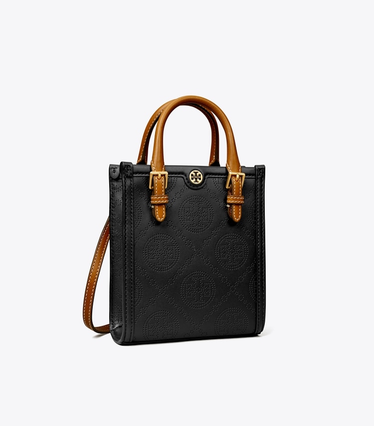 TORY BURCH MINI T MONOGRAM PERFORATED TOTE - Black - Click Image to Close