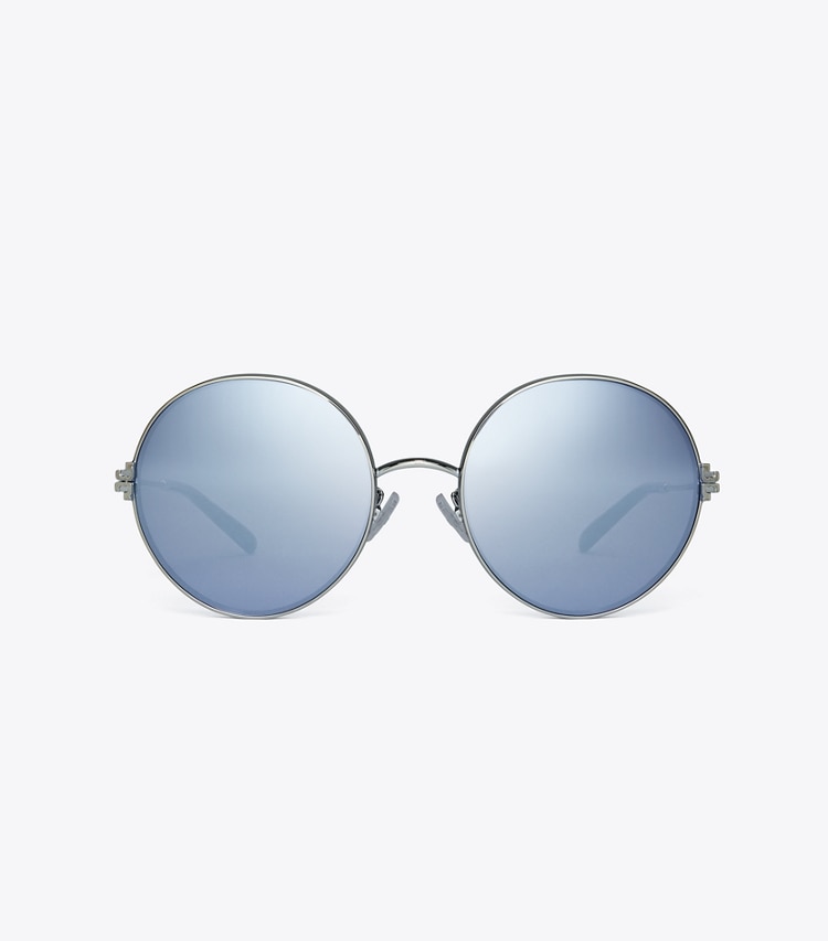 TORY BURCH ELEANOR METAL ROUND SUNGLASSES - Shiny Silver/Dark Blue Mirror