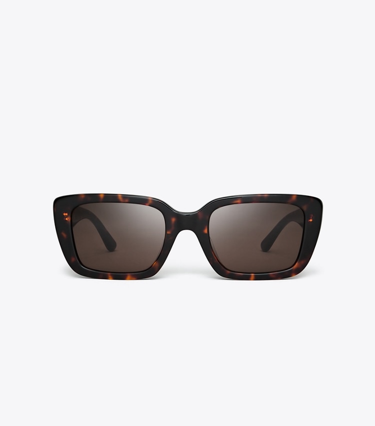 TORY BURCH MILLER RECTANGULAR SUNGLASSES - Dark Tortoise/ Solid Brown