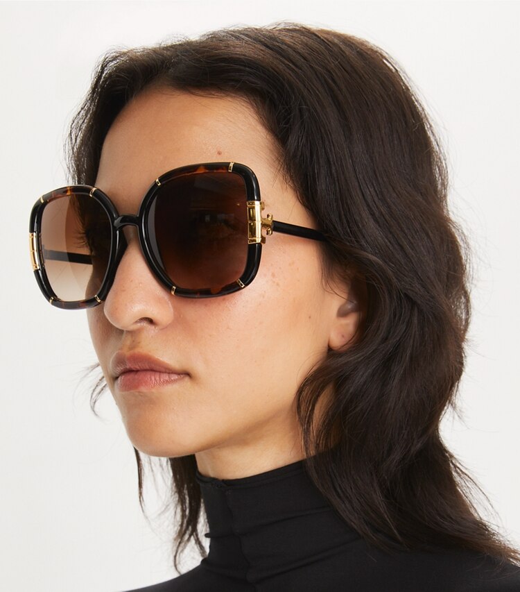 TORY BURCH ELEANOR OVERSIZED SQUARE SUNGLASSES - Dark Tortoise/Black