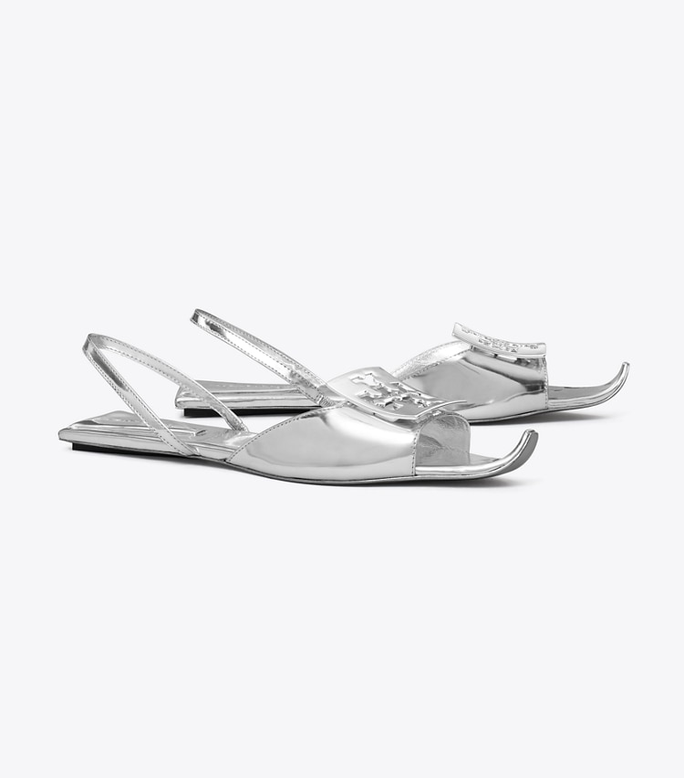 TORY BURCH LOGO FLAT SLINGBACK SANDAL - Silver / Silver