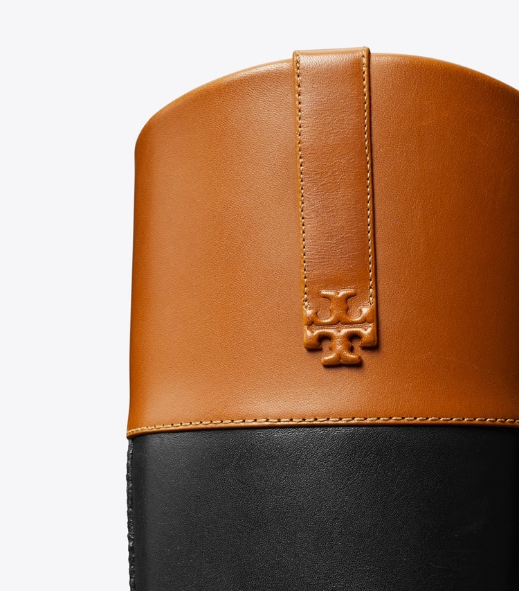 TORY BURCH DOUBLE T RIDING BOOT, WIDE CALF - Perfect Black / Bourbon