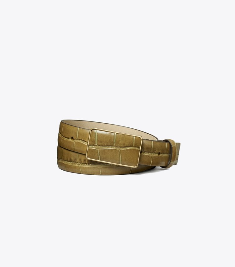 TORY BURCH CROC EMBOSSED PLATE BELT - Coconut Shell