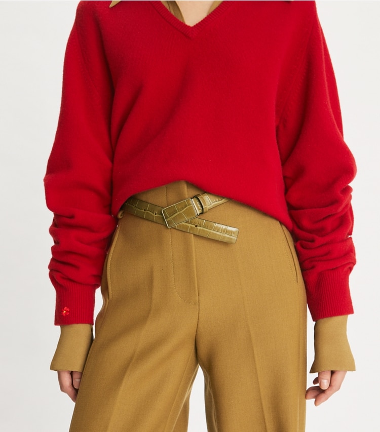TORY BURCH CROC EMBOSSED PLATE BELT - Coconut Shell