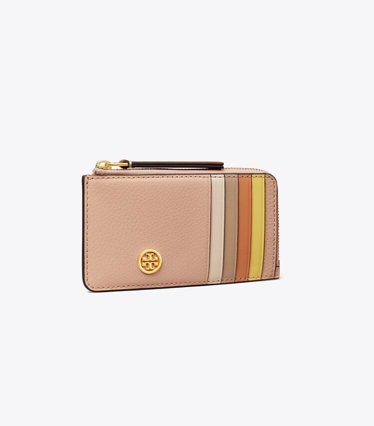 TORY BURCH ROBINSON PEBBLED TOP-ZIP CARD CASE - Goan Sand