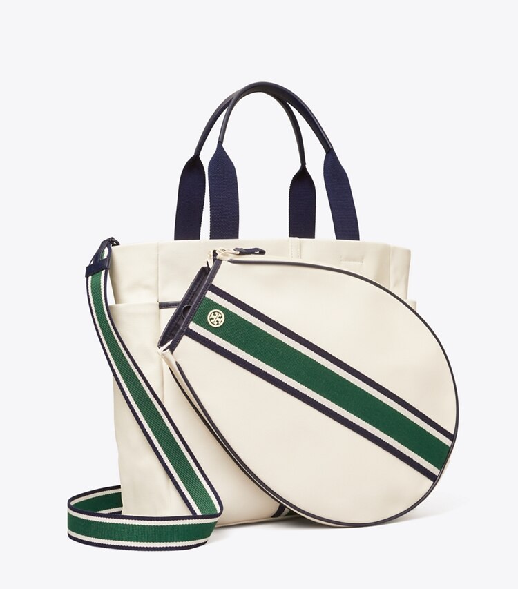 TORY BURCH CONVERTIBLE STRIPE TENNIS TOTE - Ivory Pearl / Evergreen - Click Image to Close