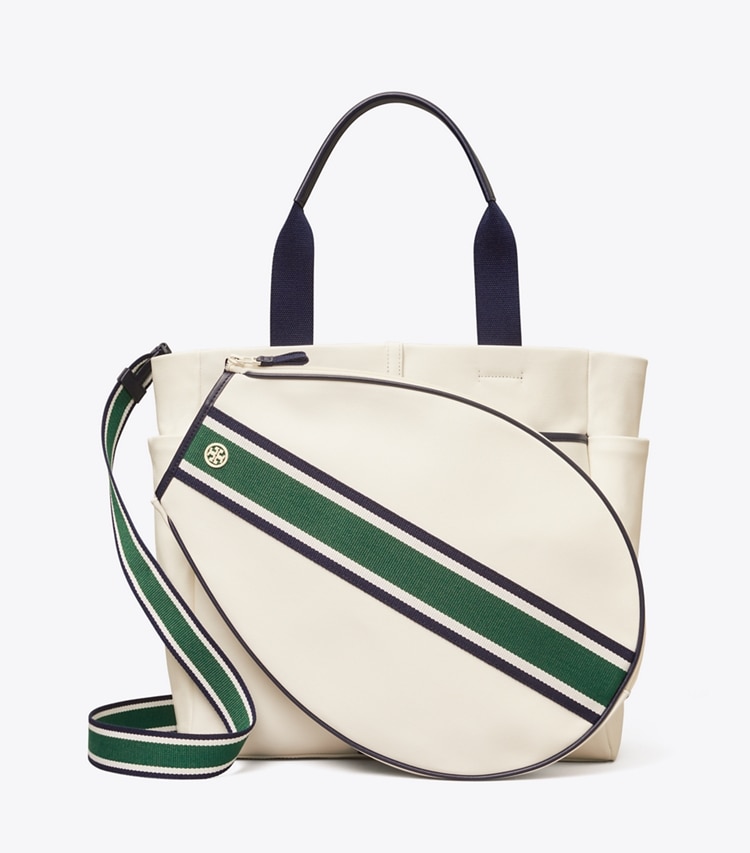 TORY BURCH CONVERTIBLE STRIPE TENNIS TOTE - Ivory Pearl / Evergreen - Click Image to Close
